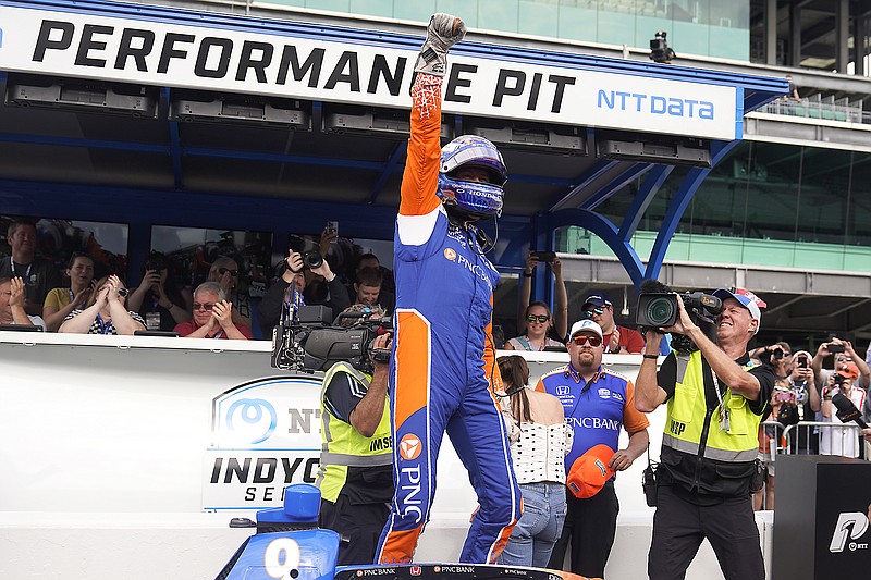 Scott Dixon celebrates after winning the pole during Sunday's qualifications for the Indianapolis 500 at Indianapolis Motor Speedway in Indianapolis. (Associated Press)