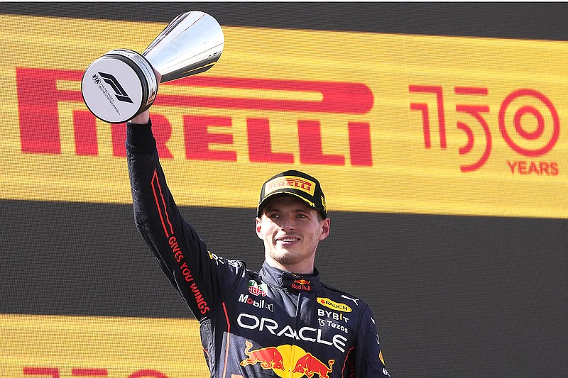 Red Bull driver Max Verstappen celebrates on the podium Sunday after winning the Spanish Formula One Grand Prix at the Barcelona Catalunya racetrack in Montmelo, Spain. (Associated Press)