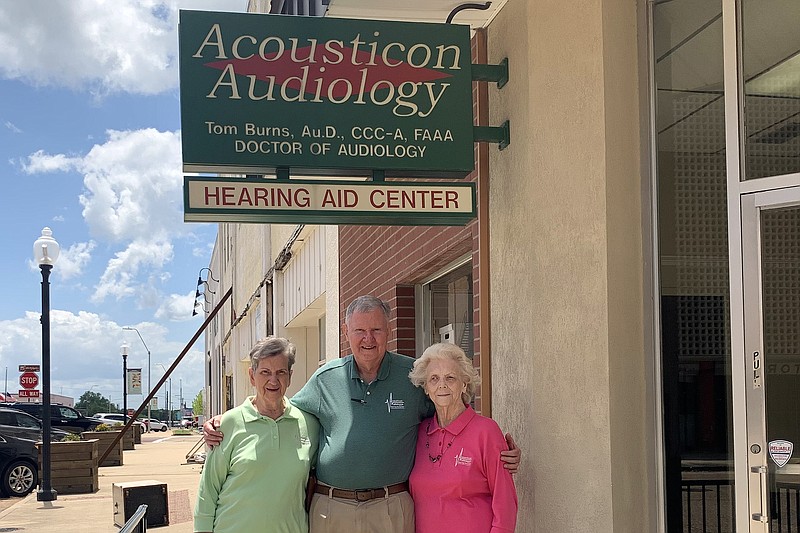 Norma Broomfield, Dr. Tom Burns and Betty Waldrep are retiring after a long career at Acousticon Audiology & Hearing Aid Center at 214 West Third St. in downtown Texarkana, Texas.  (Staff photo by Lori Dunn)