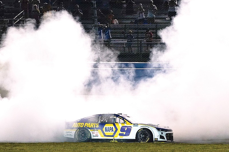 Chase Elliott does a burnout after winning a NASCAR Cup Series race Sunday in Lebanon, Tenn. (Associated Press)