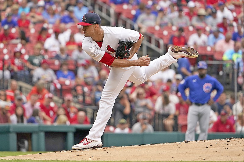 Cardinals starting pitcher Jack Flaherty throws to the playte during the first inning of Sunday afternoon's game against the Cubs at Busch Stadium in St. Louis. (Associated Press)