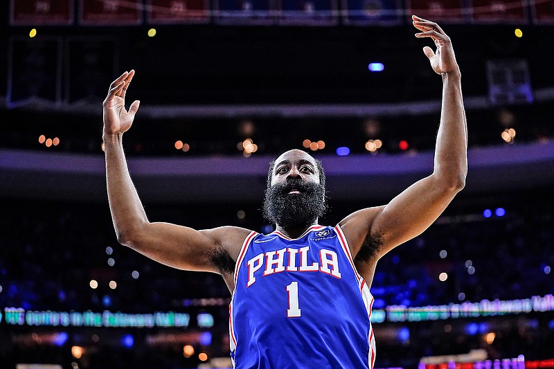 In this May 6 file photo, 76ers guard James Harden gestures during the first half of Game 3 of an Eastern Conference semifinal playoff series against the Heat in Philadelphia. (Associated Press)