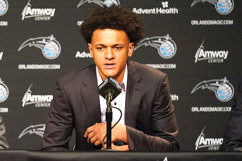 Paolo Banchero, the Magic’s No. 1 draft pick, answers questions at a news conference last month in Orlando, Fla. (Associated Press)
