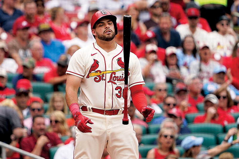 Juan Yepez of the Cardinals reacts after striking out to end the sixth inning of Saturday afternoon's game against the Phillies at Busch Stadium in St. Louis. (Associated Press)