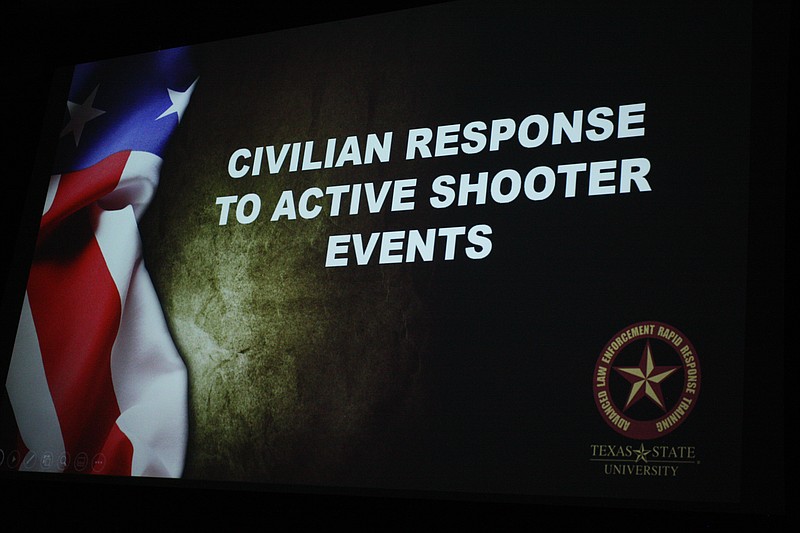 The logo for the Civilian Response to Active Shooter Events training is displayed Wednesday, July 20, 2022, at Texas A&M University-Texarkana. The training was conducted by campus Police Chief Alexander Serrano. “This course was developed for law enforcement officers to have a system for how they respond,” Serrano said. “Now, the course is not only developed for law enforcement but for you, the community.” (Staff photo by Mallory Wyatt)