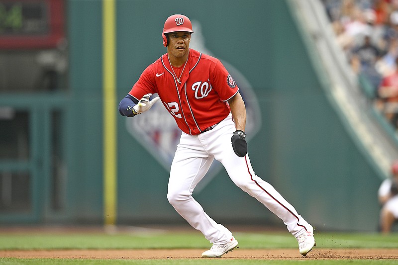 Juan Soto of the Nationals leads off first base during Sunday afternoon's game against the Cardinals in Washington. (Associated Press)
