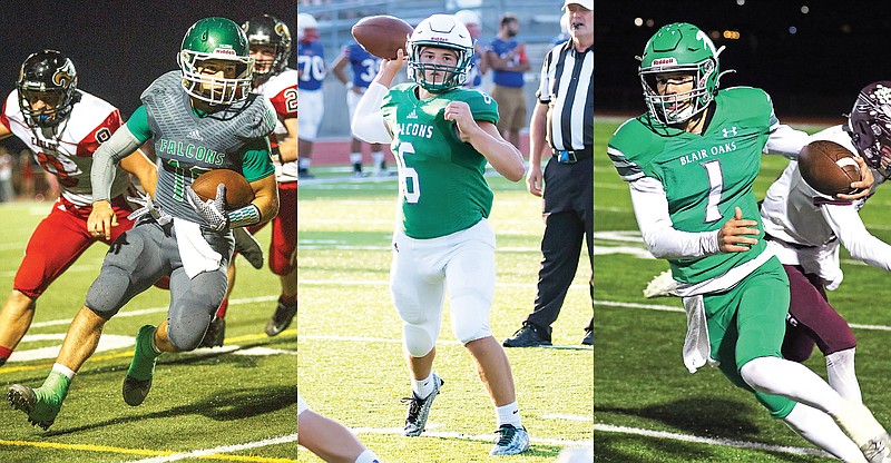 For the past nine seasons, the Blair Oaks Falcons have begun the year with a Hair sibling as the starting quarterback: Jordan Hair (left) from 2013-15, Nolan Hair (center) from 2016-18 and Dylan Hair (right) from 2019-21. (News Tribune file photos)