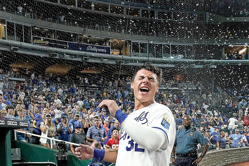Nick Pratto of the Royals celebrates after hitting a walk-off home run during the ninth inning of Saturday’s game against the Red Sox at Kauffman Stadium in Kansas City. (Associated Press)