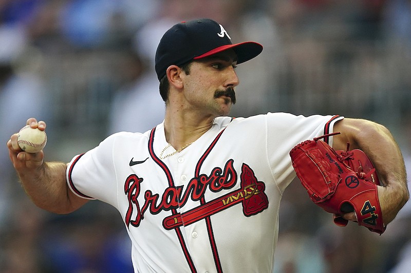 Atlanta Braves starting pitcher Spencer Strider works during the first inning of the team's baseball game against the New York Mets on Monday, Aug. 15, 2022, in Atlanta. (AP Photo/John Bazemore)