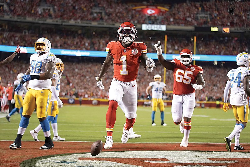 Kansas City Chiefs running back Jerick McKinnon (1) celebrates