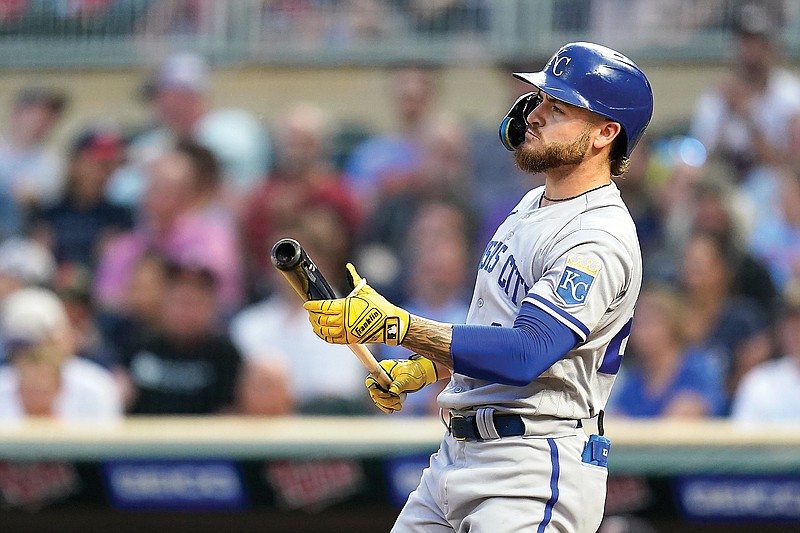 Kyle Isbel of the Royals reacts while batting during the second inning of Thursday night’s game against the Twins in Minneapolis. (Associated Press)