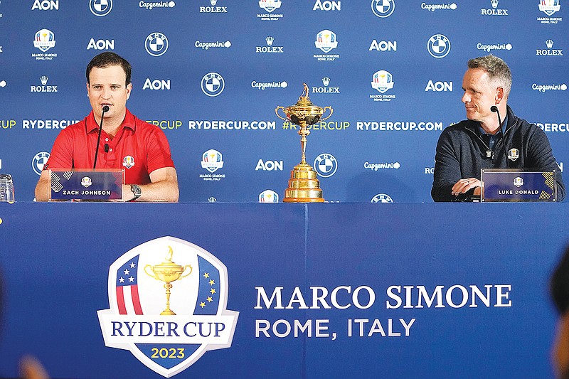 United States captain Zach Johnson (left) and European captain Luke Donald attend a press conference at The Year to Go event Tuesday in Rome. The Marco Simone course of Guidonia Montecelio, near Rome, will host the 2023 Ryder Cup. (Associated Press)