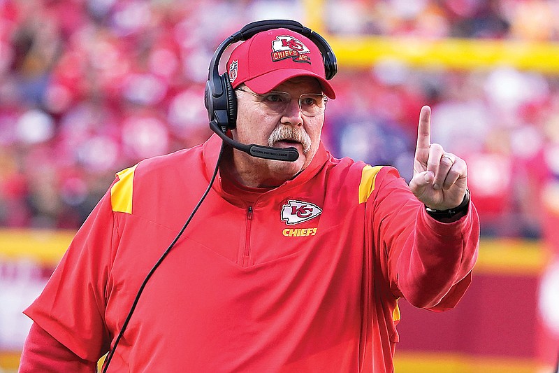 Chiefs coach Andy Reid watches from the sidelines during the first half of last month’s game against the Bills at Arrowhead Stadium in Kansas City. (Associated Press)