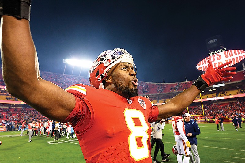 Chiefs defensive end Carlos Dunlap celebrates after last Sunday night’s overtime win against the Titans at Arrowhead Stadium in Kansas City. Dunlap needs just half a sack to reach 100 for his career. (Associated Press)