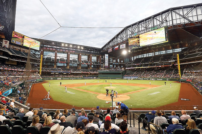 Arlington, TX, USA. 10th Apr, 2021. Globe Life Field during a Major League  Baseball game between the Texas Rangers and the San Diego Padres on April  10, 2021 in Arlington, Texas. Credit