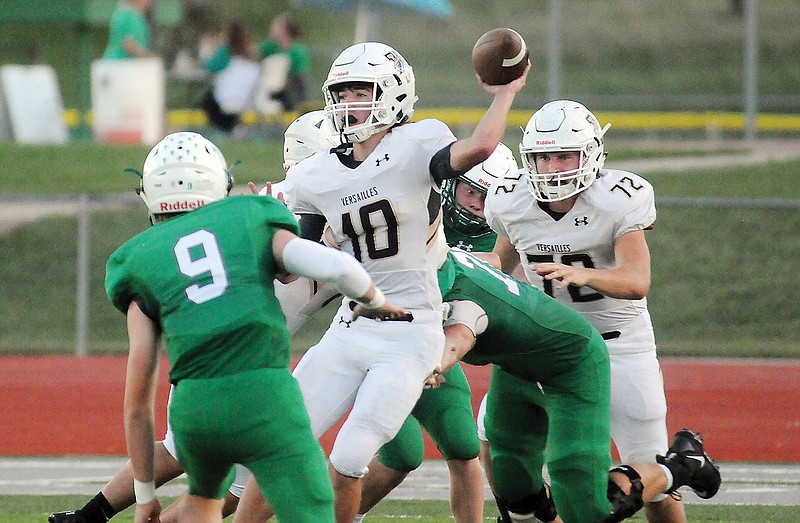 In this Sept. 14, 2018, file photo, Versailles quarterback Coby Williams throws a pass during a game against Blair Oaks at the Falcon Athletic Complex in Wardsville. (News Tribune file photo)