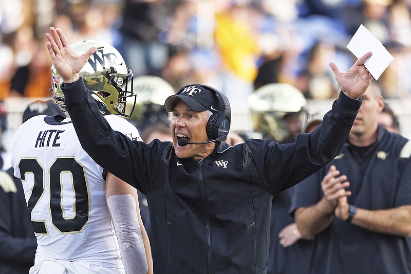 Wake Forest coach Dave Clawson reacts to a call during last month's game against Duke in Durham, N.C. (Associated Press)