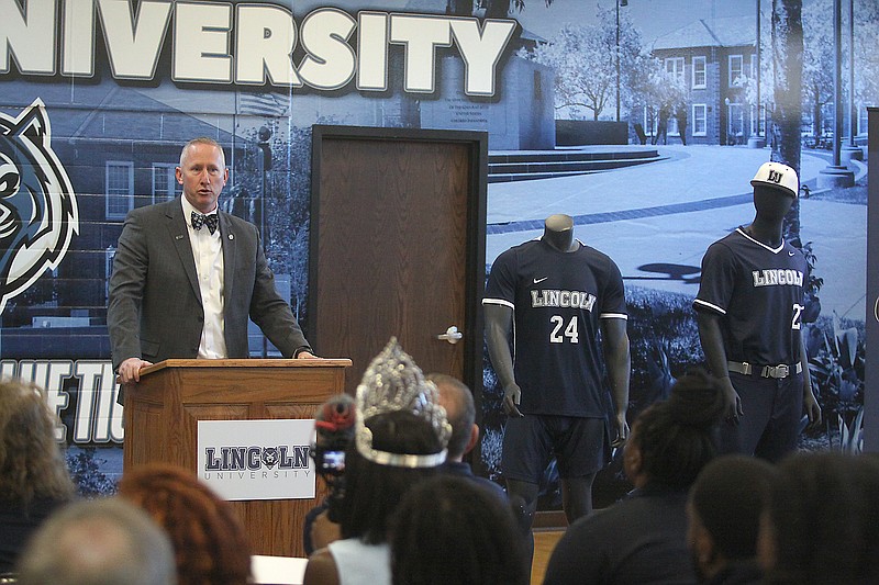 Lincoln University president John Moseley stands at the podium as the Blue Tigers announce they are adding baseball, men's soccer and women's soccer, as well as joining the Great Lakes Valley Conference starting in the 2024-25 school year, during Thursday's press conference at Jason Hall. (Greg Jackson/News Tribune)
