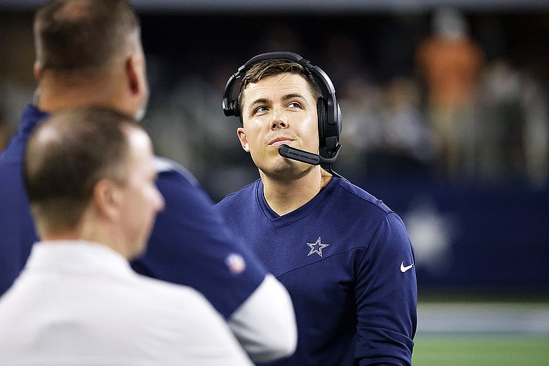 In this Aug. 26, 2022, file photo, Cowboys offensive coordinator Kellen Moore walks along the sideline in the first half of a preseason game against the Seahawks in Arlington, Texas. (Associated Press)