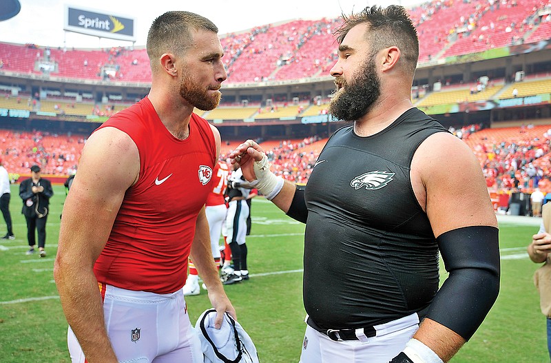 In this Sept. 17, 2017, file photo, Chiefs tight end Travis Kelce talks to his brother, Eagles center Jason Kelce, after they exchanged jerseys following a game at Arrowhead Stadium in Kansas City. (Associated Press)