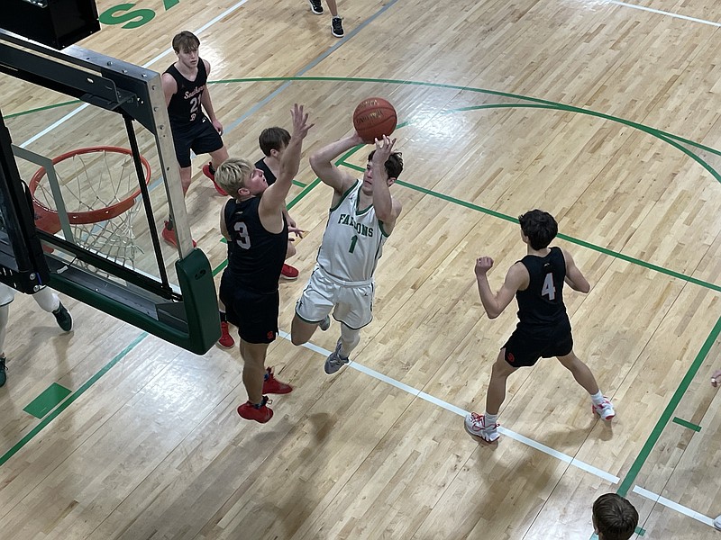 Dylan Hair of Blair Oaks takes a shot in the lane during Thursday night's game against Southern Boone at Blair Oaks High School in Wardsville. (Kyle McAreavy/News Tribune)