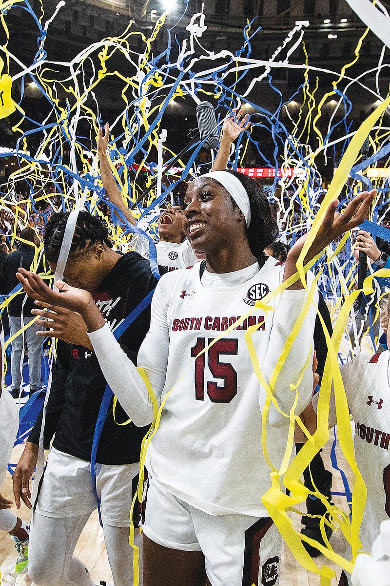 South Carolina’s Laeticia Amihere celebrates after defeating Tennessee to win the championship game of the Southeastern Conference Tournament earlier this month in Greenville, S.C. (Associated Press)