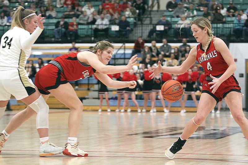 Tipton's Briar Cox (left) and Myra Claas (right) led the Lady Cardinals to a No. 1 ranking in Class 2 in the Missouri Basketball Coaches Association final rankings of the 2022-23 season. (Greg Jackson/News Tribune)