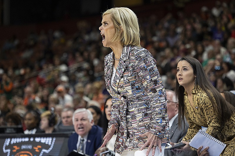 LSU coach Kim Mulkey yells during the first half of Sunday's regional final game against Miami (Fla.) in the women's NCAA Tournament in Greenville, S.C. (Associated Press)