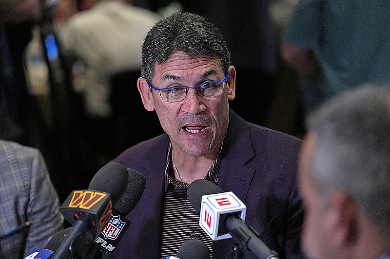 Commanders head coach Ron Rivera speaks during the NFC head coaches availability at the NFL meetings Tuesday in Phoenix. (Associated Press)