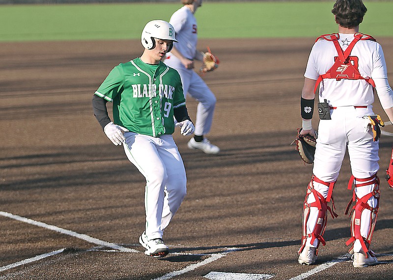Caiden Sanford of Blair Oaks scores a run during the second inning of Tuesday's game against Southern Boone in Ashland. (Greg Jackson/News Tribune)