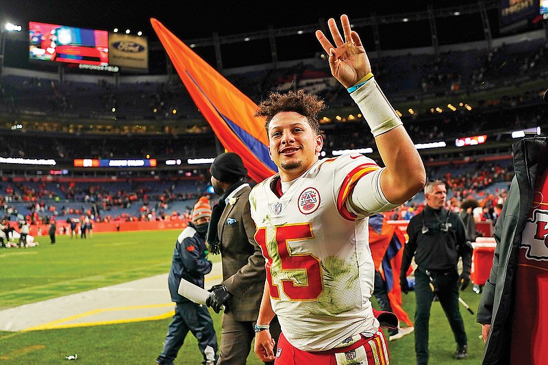 In this Jan. 8, 2022, file photo, Chiefs quarterback Patrick Mahomes waves after the Chiefs defeated the Broncos in a game in Denver. (Associated Press)