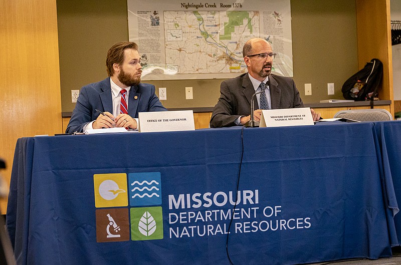 Representatives of state and federal departments gathered Tuesday to discuss the drought alert declared by Gov. Mike Parsons. Dru Buntin, director of the Department of Natural Resources (right), speaks about DNR’s response to the drought. Also pictured is Tyler Hobbs, a senior policy adviser in the governor’s office.