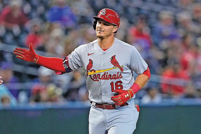 Nolan Arenado of the St. Louis Cardinals rounds bases after hitting a