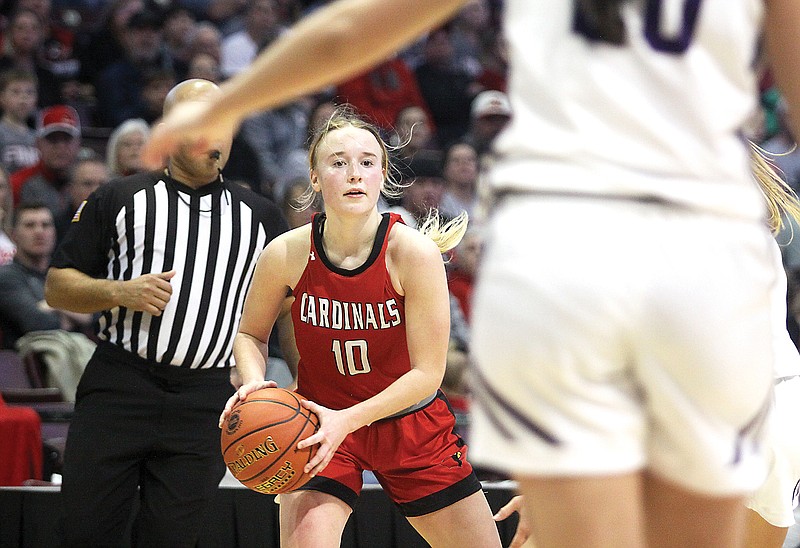 Tipton's Charlee Bailey holds the ball on the perimeter during last year's Class 2 championship game against Bishop LeBlond at Great Southern Bank Arena in Springfield. (Greg Jackson/News Tribune)
