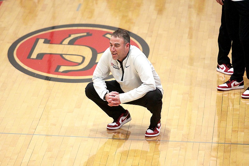 Jefferson City boys basketball coach Josh Buffington watches near the sideline during a break in the action of a February 2023 game against Blair Oaks at Fleming Fieldhouse. (Greg Jackson/News Tribune)