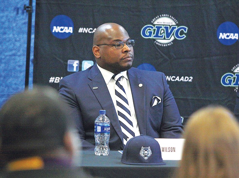 Lincoln University athletic director Kevin Wilson listens during last year’s press conference at Jason Hall when the Blue Tigers announced they were adding baseball, men’s soccer and women’s soccer, as well as joining the Great Lakes Valley Conference starting in the 2024-25 school year. (Greg Jackson/News Tribune)