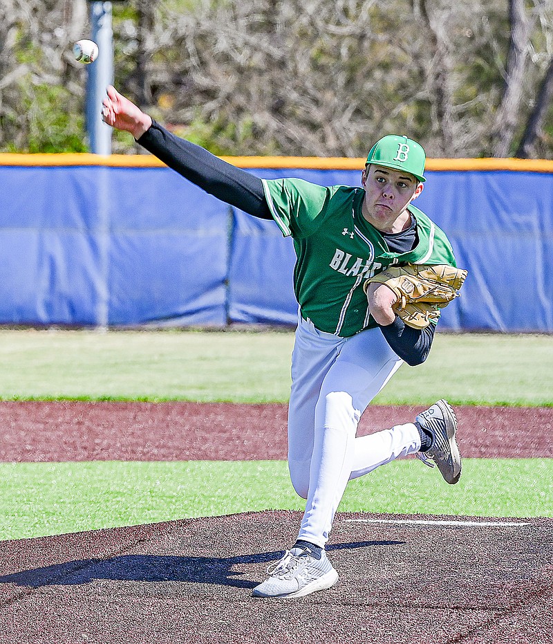 Blair Oaks pitcher Jacob Tellman delivers the ball to the plate during the seventh inning of Friday morning's game against Troy-Buchanan in the Missouri River Festival at Capital City High School. (Julie Smith/News Tribune)
