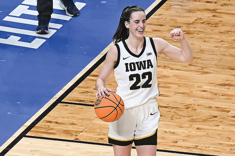Iowa guard Caitlin Clark reacts as time winds off the clock against LSU in a regional final earlier this month in the women's NCAA Tournament in Albany, N.Y. (Associated Press)