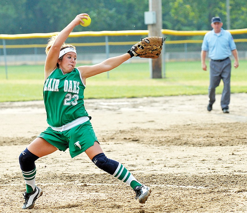 In this Aug. 27, 2009, file photo, Blair Oaks pitcher Taylor (Richter) Doerhoff winds up as she prepares to deliver the ball to the plate during a game against Fatima in Westphalia. (Julie Smith/News Tribune)