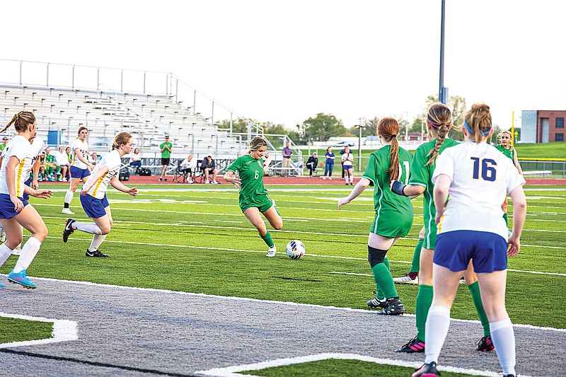 Hattie Meldrum of Blair Oaks takes a shot on goal during Tuesday night’s game against Fatima at the Falcon Athletic Complex in Wardville. (Garrett Bradley/News Tribune)