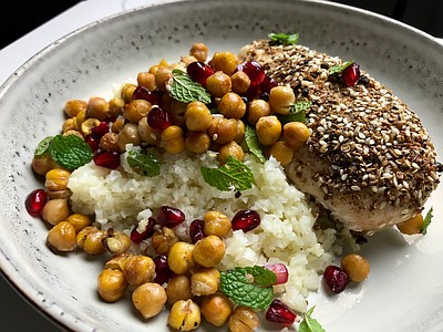 Coriander-Crusted Chicken With Crispy Chickpeas and Pomegranate