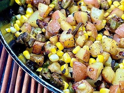 Fried Potatoes With Burnt Okra and Corn