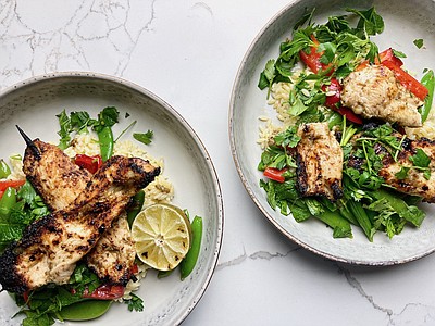 Moroccan Chicken Skewers (With Orzo, Sugar Snap Peas and Peppers)