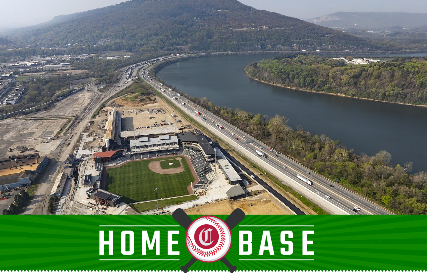 Home Base: aerial view of Erlanger Park beside the Tennessee River and Interstate 24