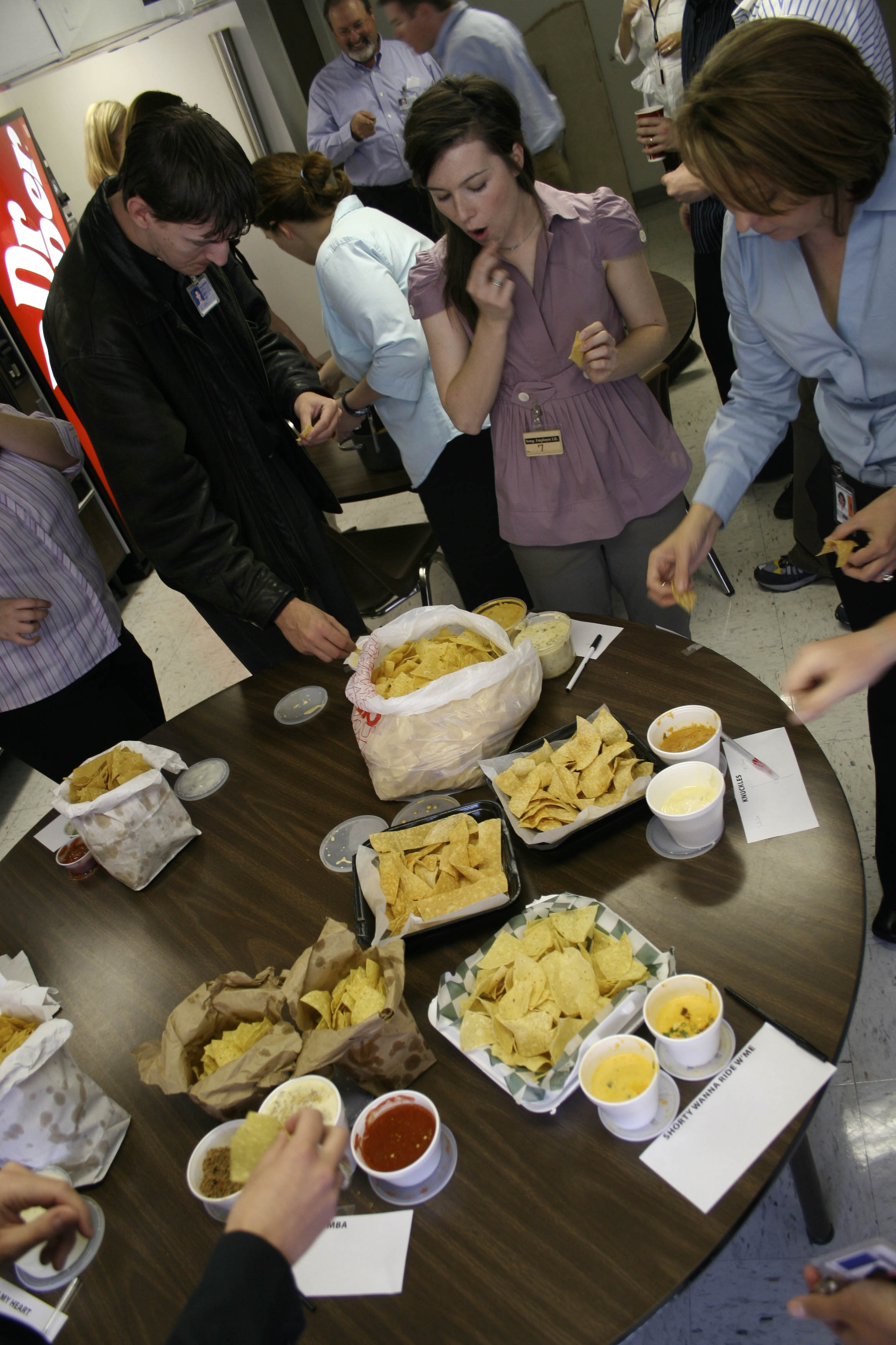 There was some discussion about the influence that the chip had on the taste of the cheese dip.