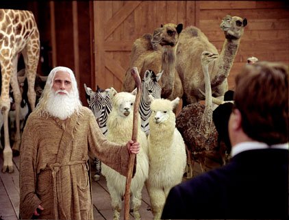Evan Baxter (STEVE CARELL) speaks to his audience as he prepares to board his ark in a comedy of biblical proportions, Evan Almighty.