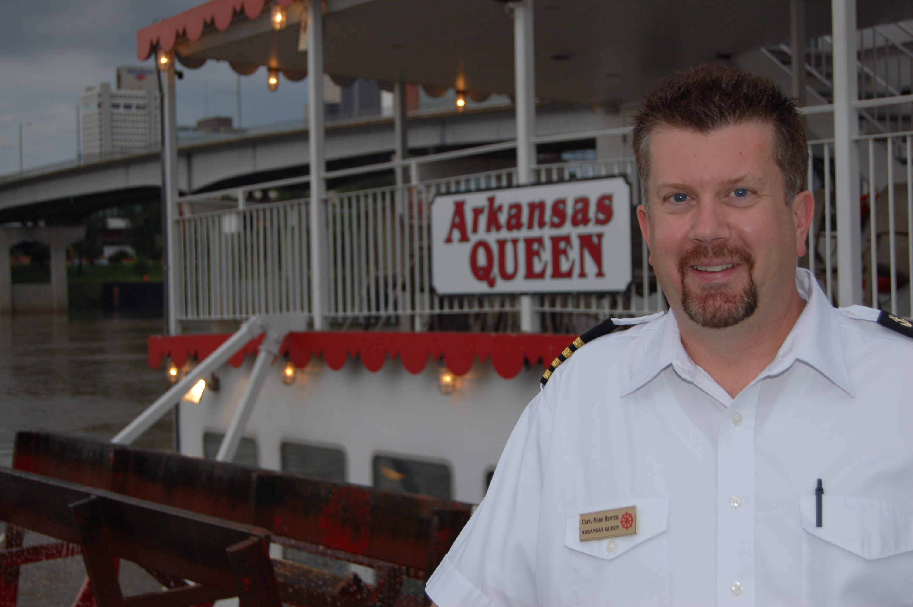 Mark Hunter is one of the captains who navigates the Arkansas Queen riverboat down the Arkansas River for dinner cruises.