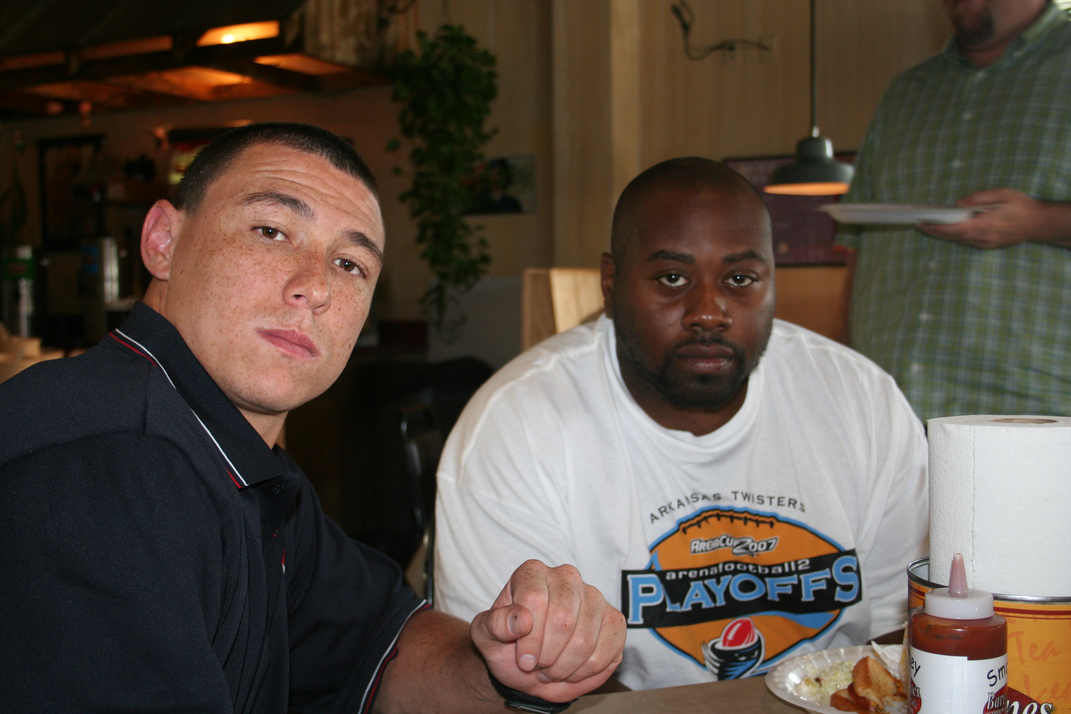 D-Back Pierre Thomas and O-Line Eric Anderson fuel up on protein before Saturday's big playoff game!