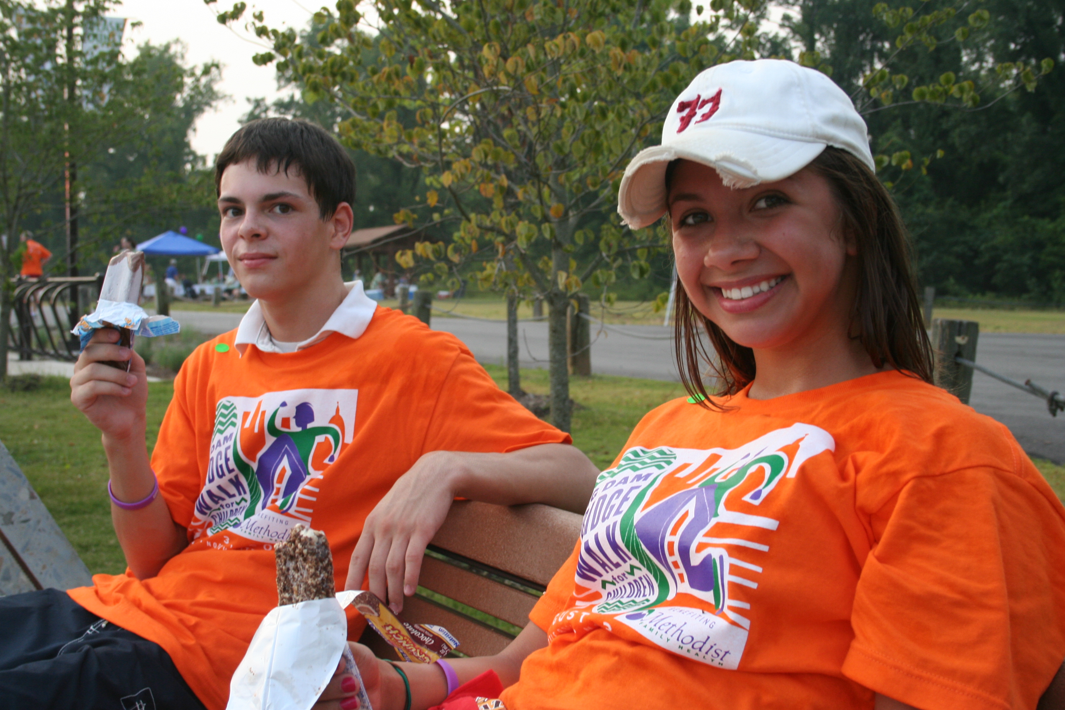 This bench never felt better...
Tyler Cross and Morgan Shirey rest after the walk.