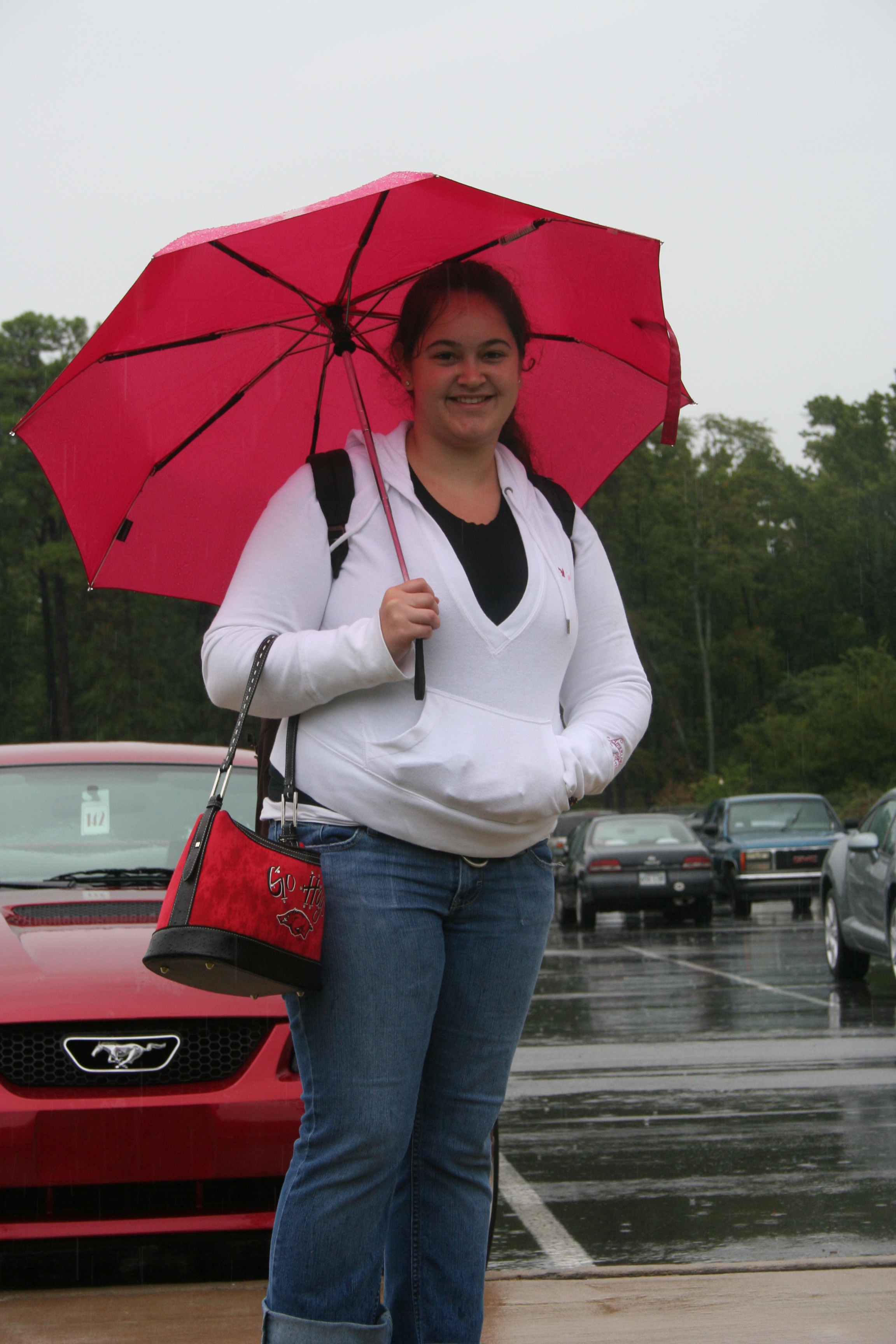 Megan Lindsey doesn't let the rain stop her from getting to class!
